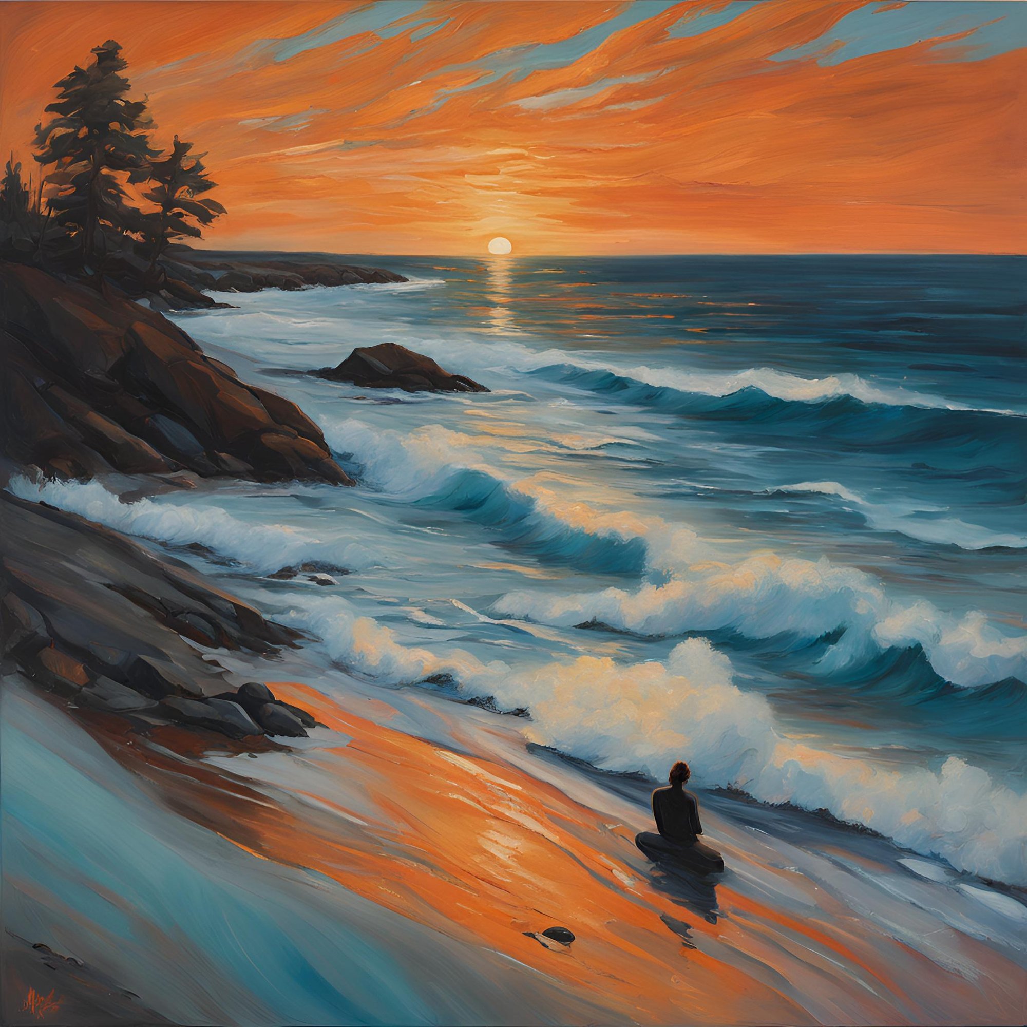 create an oil painting image representing grief recovery using teal, blue and orange color shades create an oil painting image representing grief recovery using teal, blue and orange color shades